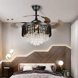 Indoor Low Profile Ceiling Fan Chandelier with LED Light and Remote, 42& Modern Black Crystal Fandelier Hidden Ceiling Fan with Light, Retractable Blade Ceiling Fan for Living Dining Room Bedroom