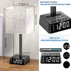 Table Lamp - Bedside Table Lamps with 4 USB Ports and Power Outlets, Alarm Clock Base w/ 6Ft Cord, Square Oatmeal Fabric Lampshade Modern Accent Nightstand Lamps for Bedrooms Living Room Office