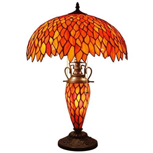 Tiffany Style Table Lamp W16H24 Inch Red Stained Glass Wisteria Lampshade Antique Night Lighting Base S523R WERFACTORY Lamps Lover Living Room Bedroom Office Study Reading Desk Nightstand Art Gifts