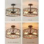 Biewalk Rustic Lighting Black Pendant Light Modern Semi Flush Mount Ceiling Light Fixture Faux Wood Industrial Retro Farmhouse Light Fixture For Dining, Living Room, Bedroom, Kitchen,Hallway,Farmhouse