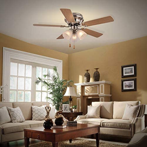 Fansose Indoor Ceiling Fan,Fan Lights Controlled by Zipper Switch 42-inch Fan Light for Living Room and Dining Room Wood Fan Blades Nickel Metal Surface Reversible Motor ETL Test.