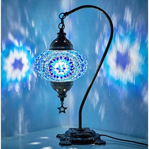 New BOSPHORUS Stunning Handmade Swan Neck Turkish Moroccan Mosaic Glass Table Desk Bedside Lamp Light with Bronze Base (Blue)