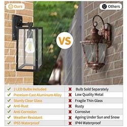 PARTPHONER Outdoor Light Fixtures Wall Mount, Porch Light with 2 LED Bulbs, Exterior Light Fixture Waterproof Anti-Rust Wall Sconce with Clear Glass and Black Aluminum for Garage, Doorway-2 Pack