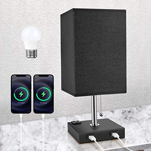 Bedside Table & Desk Lamp with 2 USB Charging Ports & 3-Prong Outlet, Nightstand Lamps Black Fabric Shade for Bedroom, Living Room or Office, Soft Warm Glow LED Bulb Included