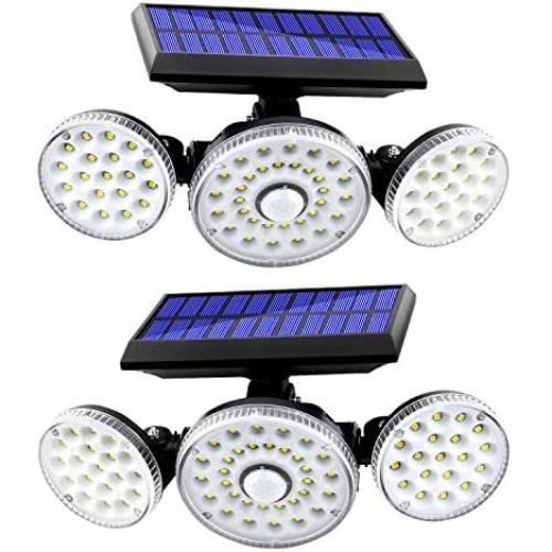 Solar Lights Outdoor Wireless Solar Motion Sensor Lights 3 Adjustable Heads 360° Wide Angle Illumination IP65 Waterproof Induction Security LED Flood Light for Yard Garage Entryway Front Door, 2 Pack