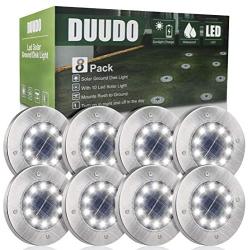 DUUDO Solar Ground Light, Upgraded 10 LED Garden Pathway Outdoor Waterproof in-Ground Lights, Disk Lights (Cold White, 8 Packs)