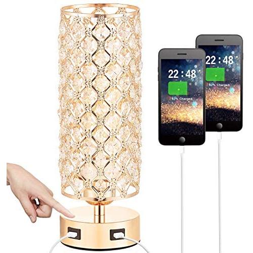 Touch Control USB Crystal Small Lamp, Dimmable Nightstand Lamp with Dual USB Port, 3-Way Gold Crystal Lamp with Bulb, Bedside Desk Light for Bedroom Living Room Entryway Home Office(Bulb Included)