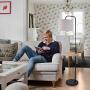 Modern Floor Lamp with Table, LED Minimalist Floor Lamp with USB Ports, AC Outlet and Wood Tray, 9W LED Bulb Included, Linen Fabric Lampshade Standing Lamp Suitable for Living Room, Bedroom, Office