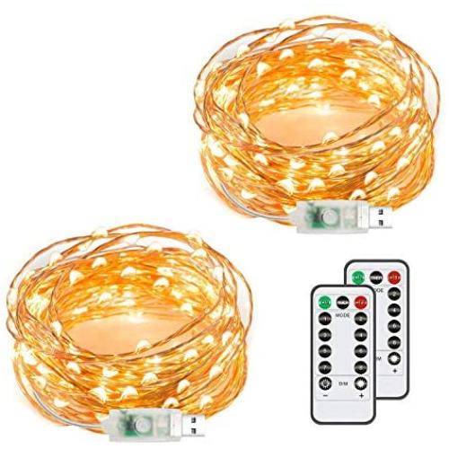 Chalpr USB Fairy String Lights, 2 Pack 50 LED 16.4Ft Led String Lights,Warm White Firefly USB Plug in Starry Lights with Remote,Waterproof Copper Wire Decorative Fairy Lights for Valentines Day