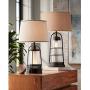 Industrial Table Lamp with Nightlight Bronze Cage Glass Lantern Brown Burlap Shade for Living Room Family - Franklin Iron Works