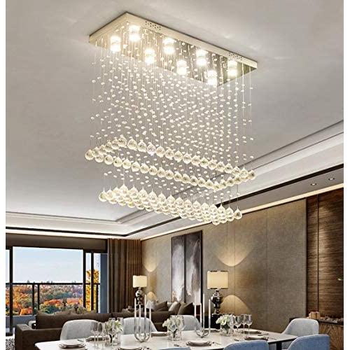 Moooni Modern Rectangular Crystal Chandelier Ceiling Lighting Fixture Raindrop Pendant Flush Mount Light Rectangle Chandeliers for Dining Rooms Kitchen L 47''x W 12''x H 31.5''
