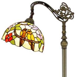 Tiffany Style Reading Floor Lamp W12H64 Inch 1E26 Stained Glass Taropical Birds Lampshade Antique Adjustable Lighting Arched Standing Base S803 Series Lamps WERFACTORY-Girlfriend Lover Bedroom Gift