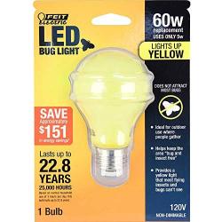 FEIT Electric A19/BUG/LED Non-Dimmable Led Bug Light, 5 W, 120 V, 400 Lumens, 2.35 In Dia, 4'' H x D, Yellow