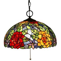 Tiffany Style Hanging Pendant Lamp Fixture in 16'' Rose Flower Stained Glass 3-Light Decor Hanging Light for Dining Room Kitchen Restaurant Hallway Art Lighting,110-240V,E27,A