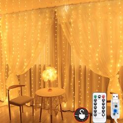 JTBHBTL Curtain Lights with Remote, 8 Modes Curtain String Lights for Bedroom, IP68 Waterproof, USB Plug in, 300 LED 9.8 Ft × 9.8 Ft Curtain Fairy Lights for Chrismas, Wedding, Party, Warm White