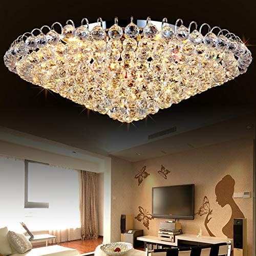 KALRI Round Crystal Chandelier Light, Modern Flush Mount Ceiling Light Fixture with Silver Metal Base Remote Pendant Lamp for Dining Living Room Bar Shop, 9 E12 Bulbs Required (Dia 23.6)