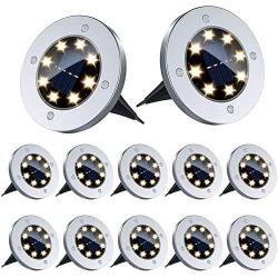 Solar Ground Lights - 8 Led Solar Garden Lights Outdoor Waterproof Sidewalk Disk Lights Solar Powered Landscape Lighting for Lawn Patio Pathway Yard Deck Walkway Flood Lights (12 Packs Warm White)