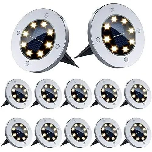 Solar Ground Lights - 8 Led Solar Garden Lights Outdoor Waterproof Sidewalk Disk Lights Solar Powered Landscape Lighting for Lawn Patio Pathway Yard Deck Walkway Flood Lights (12 Packs Warm White) Solar Ground Lights - 8 Led Solar Garden Lights Outdoor Waterproof Sidewalk Disk Lights Solar Powered Landscape Lighting for Lawn Patio Pathway Yard Deck Walkway Flood Lights (12 Packs Warm White)
