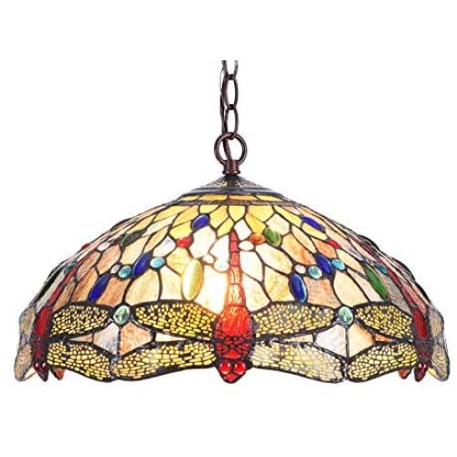 Capulina Tiffany Dining Table Lights, 15.9 Inch Wide Hanging Tiffany Style Lamp, 2-Light Stained Glass Lighting Fixtures, Beautiful Dragonfly Style Stained Glass Dining Room Lights for Kitchen Room