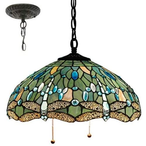 Tiffany Style Hanging Lamp W16H40 Inch Sea Blue Stained Glass Shade Crystal Bead Dragonfly Chandelier Light Ceiling Fixture S147 WERFACTORY Dining Living Room Bedroom Study Coffee Bar Hallway Loft