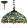 Tiffany Style Hanging Lamp W16H40 Inch Sea Blue Stained Glass Shade Crystal Bead Dragonfly Chandelier Light Ceiling Fixture S147 WERFACTORY Dining Living Room Bedroom Study Coffee Bar Hallway Loft