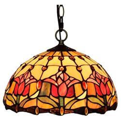 Tiffany Style Red Tulip Yellow Stained Glass Pendant Lamp 12 Inch Pastoral Island Lighting Vintage Ceiling Hanging Light Fixture for Dining Room, Hallway