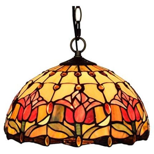 Tiffany Style Red Tulip Yellow Stained Glass Pendant Lamp 12 Inch Pastoral Island Lighting Vintage Ceiling Hanging Light Fixture for Dining Room, Hallway
