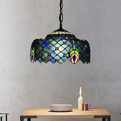 LITFAD 1-Bulb Dining Room Hanging Lamp Kit Tiffany Blue and Green Peacock Tail Pattern Pendant Light with Drum Cut Glass Shade LED Ceiling Hanging Light for Bedroom Hotel Hallway Restaurant