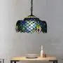 LITFAD 1-Bulb Dining Room Hanging Lamp Kit Tiffany Blue and Green Peacock Tail Pattern Pendant Light with Drum Cut Glass Shade LED Ceiling Hanging Light for Bedroom Hotel Hallway Restaurant