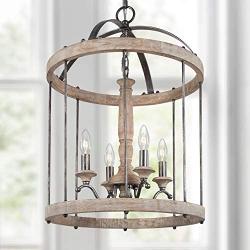 LNC Wood Chandeliers for Kitchen Island, Farmhouse Hanging Light Fixture for Dining Room with Adjustable Chain, Wood & Metal, W16” x H22.5