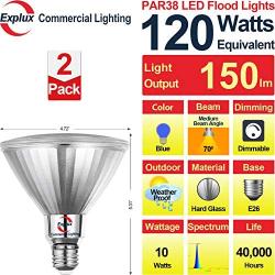 Explux LED PAR38 Blue Flood Light Bulbs, Dimmable, Full-Glass Weatherproof, 120W Equivalent, 2-Pack