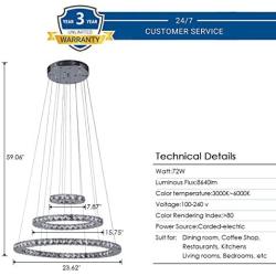 KAI Crystal Chandelier Island Pendant Light Contemporary Not Dimmable LED Lamp with Adjustable Height 3 Rings 6000K 8640LM Chrome Modern Flush Mount Ceiling Lighting for Dining Room Lobby