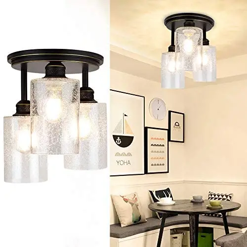 DLLT Industrial Semi Flush Mount Light Fixture, 3-Light Vintage Ceiling Light with Clear Seeded Glass Shade, Chandelier Lighting for Hallway, Kitchen, Dining Room, Entryway, Bedroom, E26 Base-Gold