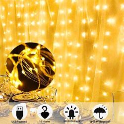 HOME LIGHTING Window Curtain String Lights, 300 LED 8 Lighting Modes Fairy Copper Light with Remote, USB Powered for Christmas Party Wedding Home Decorations (Warm White)