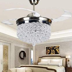 42'' Crystal Ceiling Fan Light with Remote Control Retractable Blade LED Chandelier 3 Colors Dimmable Pendant Lamp for Living Room Bedroom Basement Kitchen