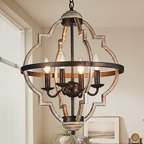 TZOE Orb 4-Light Metal Chandelier，Rustic Vintage Chandelier，Stardust Finish，Foyer Light，Adjustable Height，Dining Room Lighting Fixtures Hanging，Living Room Light，Kitchen Chandelier UL Listed