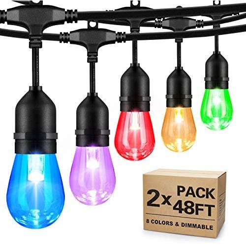 2-Pack 48FT Color Outdoor String Lights, RGB LED String Light with 30+5 LED Bulbs, Colorful Dimmable Commercial Patio café Backyard Garden lights, 2 Remote Controls, Waterproof, 96FT total