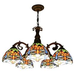 LITFAD 110V-120V 5 Lights Pendant Light Tiffany Stained Glass Dragonfly Patterned Chandelier in Wrought Iron Style Ceiling Hanging Light for Coffee Shop Restaurant Dining Room Living Room