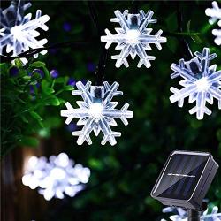 HUGSVIK 30Ft 50 LED Solar Christmas Lights Outdoor, Cold White Solar Snowflake Lights Outdoor, Waterproof Solar Christmas Snowflake Lights Outdoor Decorative for Xmas Tree Garden Yard Patio House