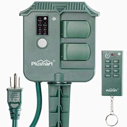 Plusmart Outdoor Power Stake Timer, Wireless Remote Control, Photocell Light Sensor, 6ft Extension Cord with Switch, 3 Waterproof Grounded Outlets with Cover, UL Listed