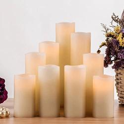 RY King Battery Operated Flameless Candles 4'' 5'' 6'' 7'' 8'' 9'' Set of 9 Real Wax Pillar LED Flickering Candles with Remote Control and Timer