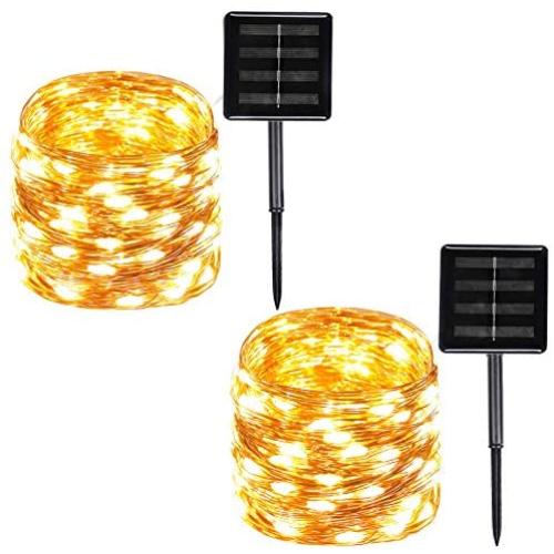 2-Pack Solar String Lights Outdoor, 100-LED 39ft Waterproof Solar Powered Copper Wire Fairy Lights with 8-Lighting Modes for Christmas, Garden, Yard, Party, Patio, Wedding