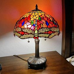 Amora Lighting Tiffany Style Table Lamp Banker 18.5'' Tall Stained Glass Red Blue Yellow Dragonfly Antique Vintage Light Decor Nightstand Living Room Bedroom Handmade Gift AM1035TL14B, Multicolor