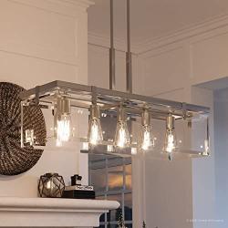 Luxury Modern Farmhouse Chandelier, Large Size: 15.75''H x 36.75''W, with Industrial Chic Style Elements, Brushed Nickel Finish and Clear Shade, UHP2441 from The Bristol Collection by Urban Ambiance