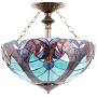 Tiffany Ceiling Fixture Lamp Semi Flush Mount Light W16H15 Inch Green Stained Glass Liaison Shade S160G WERFACTORY Kid Parent Living Room Bedroom Study Kitchen Office Coffee Island Bar Hallway Dining