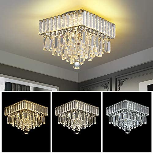 Crystal Chandelier Lighting LED Dimmable Flush Mount Ceiling Light Square Modern Raindrop Chandelier 11.8'' x H10.2'' Close to Ceiling Light Fixtures for Living Room Bedroom Dining Room Hallway