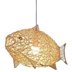 SkyTalent Fish-Shaped Lantern Pendant Lighting Rattan Light, 24inch Weaving Natural Wicker Ceiling Hanging Light Woven Chandelier with Adjustable Cord for Dining Room Living Room Restaurant