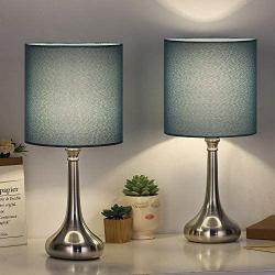 Bedside Table Lamps, Modern Brushed Nickel Nightstand Lamps Desk Lamps with Blue Fabric Shades for Living Room Family Bedroom Bedside Office(Set of 2)