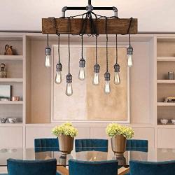 Industrial Rustic Wood Beam Linear Island Pendant Light 8-Light Chandelier Lighting Hanging Ceiling Fixture