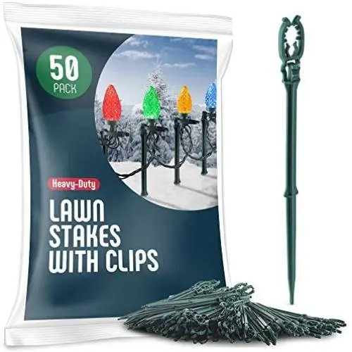 Christmas Light Yard Stakes [Set of 50] Outdoor Light Stakes - 8.5'' Tall - Universal Christmas Pathway Lights On Yards, Driveways - Christmas Yard Stakes - Driveway Christmas Light Stakes - USA Made